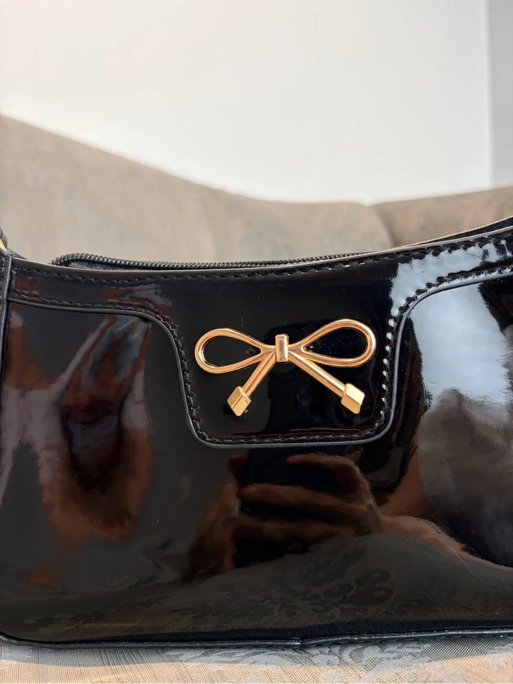 Ava Lane Patent Leather Black Mini Shoulder Bag with Gold Bow Accent - NEW